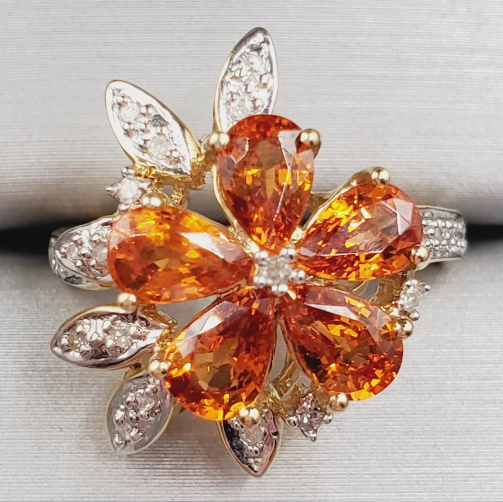 10k Solid Yellow Gold Genuine Spessartite Mandarin Garnet & Diamond Flower Ring